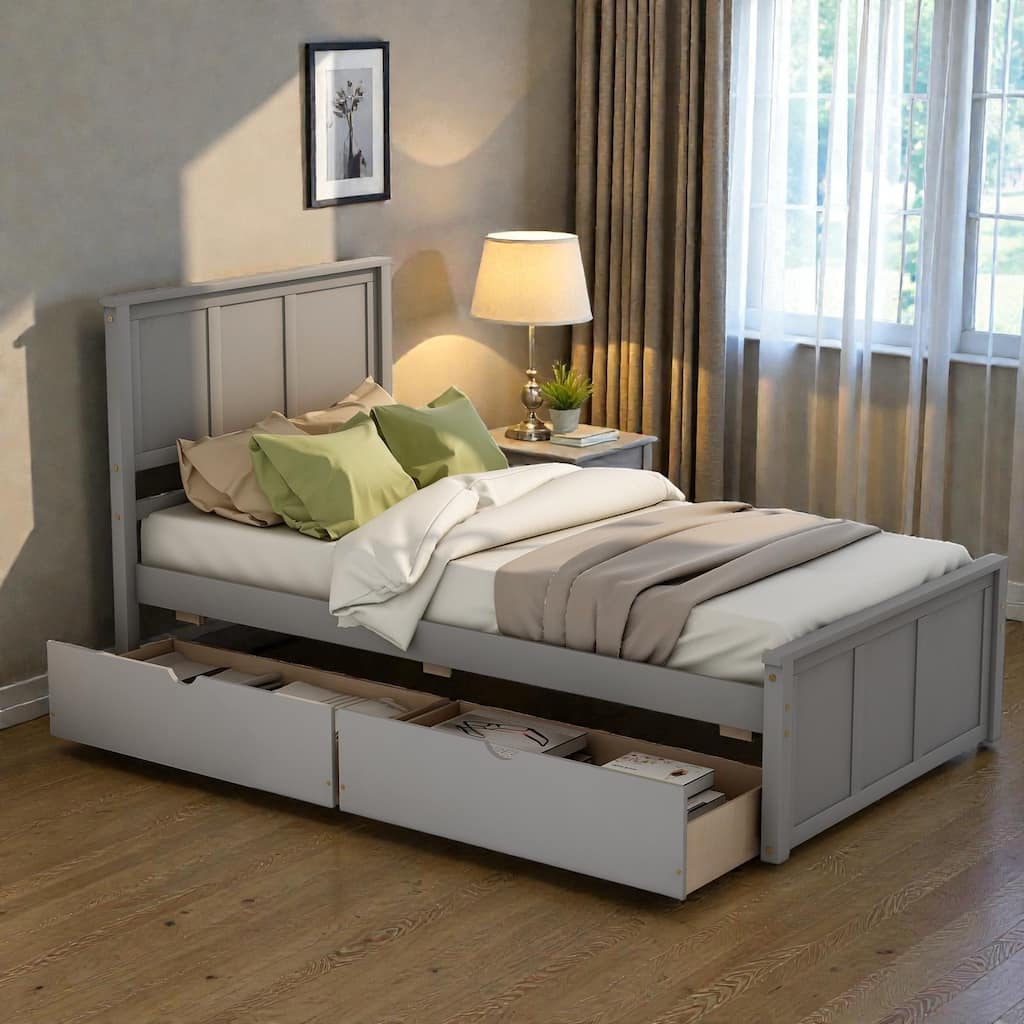 Twin Size Platform Storage Bed with 2 Drawers, Solid Wood & MDF Frame, Under-Bed Rolling Drawers, No Box Spring Needed