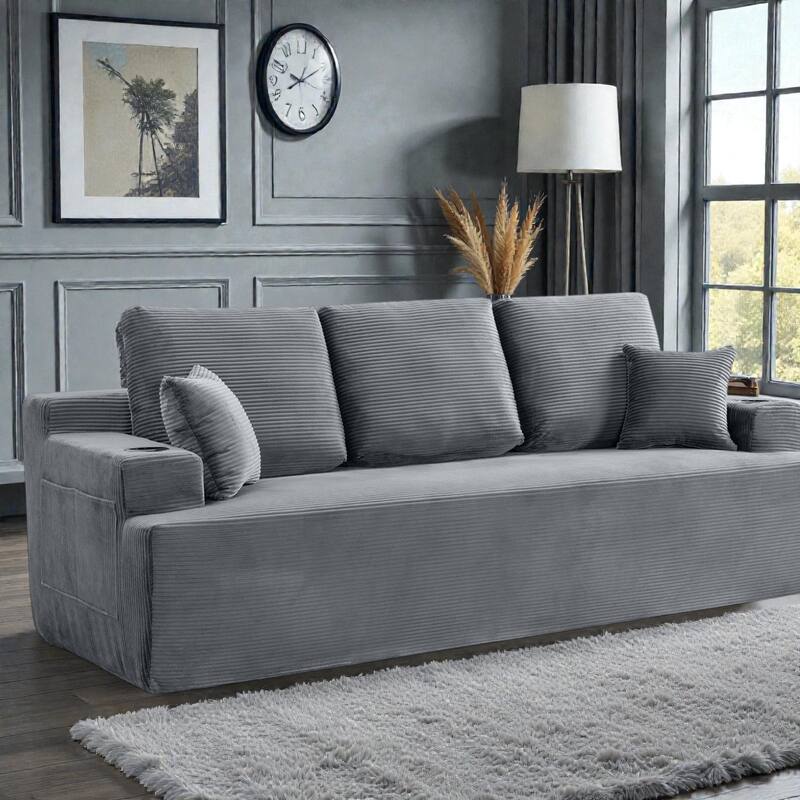 87 Inch 3 Seater Sofa Couch, Deep Seat Corduroy Living Room Sofa with Cup Holders and Side Pockets - Grey