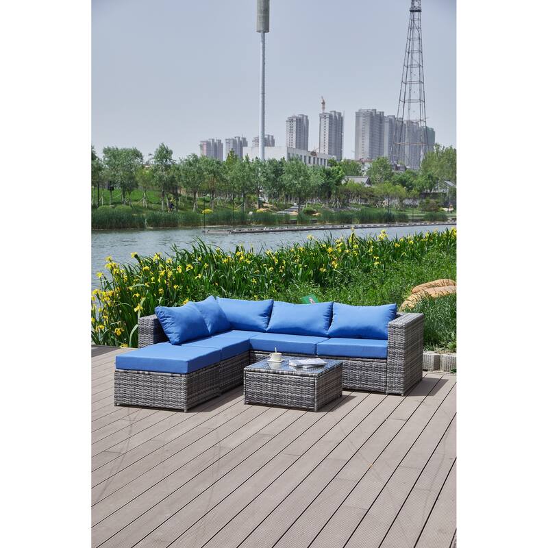 6 Piece Outdoor Sectional L- Shaped Sofa Set, All-Weather PE Wicker Rattan Conversation Furniture Set with Coffee Table