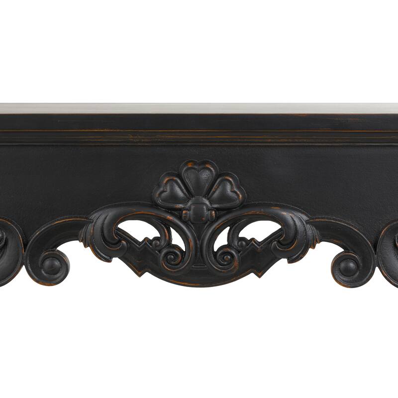 Black Wood Freestanding Scroll Decorative Fireplace Mantle with Floral Accents