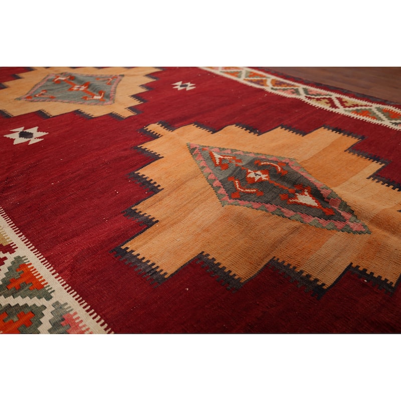 Red Kilim Qashqai Persian Vintage Area Rug Flatweave Wool Carpet - 4'10"x 7'0"
