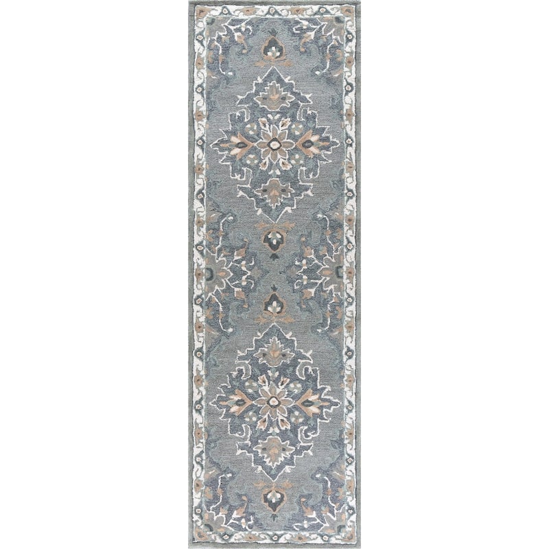 Alora Decor Cascade Grey and Beige Medallion Hand-tufted Wool Rug - 2'6" x 8' - Gray