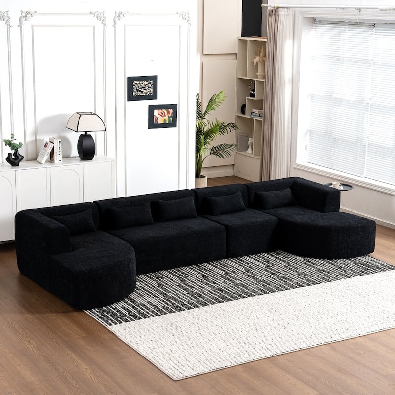 144" Upholstered Sofa Free-combined Sofa with Two Chaise Lounge and Five Back Pillows