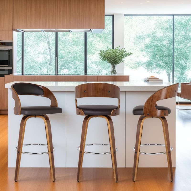 Shelly Mid-Century Swivel Bar Stool, Upholstered Counter Height Chair with Bentwood Legs - Brown & Walnut - Counter Height - Set of 3