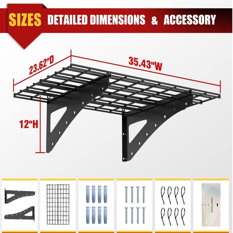 Black Metal Wall-Mounted Shelf Bracket with Heavy-Duty 200lb Load Capacity - 35.43 x 23.62 x 12 in