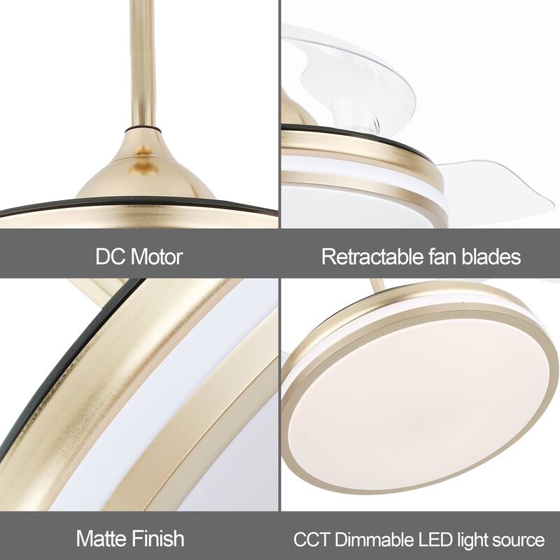 Cusp Barn 42 Inch Retractable Ceiling Fan with Lights and Remote 6 Speeds Noiseless DC Motor Ceiling Light for Bedroom
