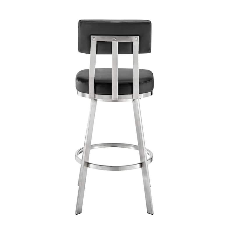 Poni 30 Inch Swivel Barstool Chair, Cushioned Seating, Black Faux Leather