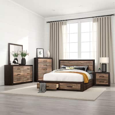 Mayo Four Pc Queen Bedroom Set, 2 Drawer Footboard, 2 Tone Rustic Brown, Plinth Base