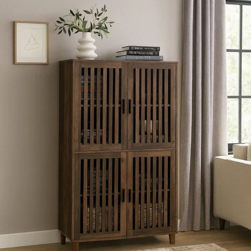 69 Inch Tall Accent Cabinet, Vertical Slatted Design, Brown and Black