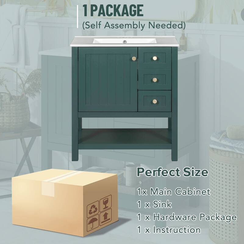 30'' Transitional Style Bathroom Vanity Combo with Ceramic Sink, Bathroom Vanity Cabinet with 1 Soft Close Door and 2 Drawers