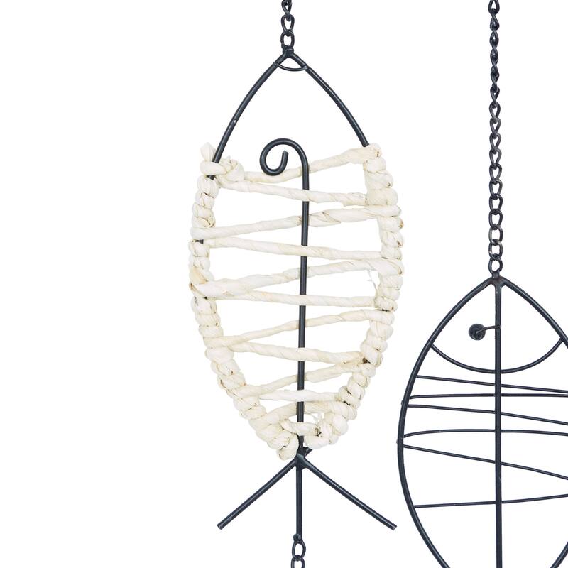 Metal Fish Indoor Outdoor Wire Wall Decor with Rattan Accents - Black - Roche River Decor