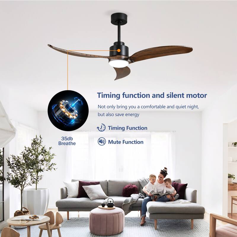 52" Ceiling Fan With Light Kit Dimmable LED,Wood Blades,Remote Control for Patio Living Room, Bedroom, Office,Indoor - 52 Inches