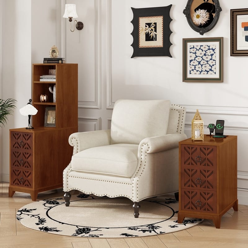 Tall Corner End Table with 3 Drawers and 2 Open Shelves – Perfect for Bedroom or Living Room Storage‌
