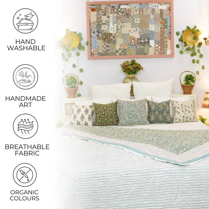 Fabdivine Cotton Quilt Hand Block Printed, Vegetable Dye Gray Floral, Eco-Friendly Reversible Bedspread, Natural Dye Bedding