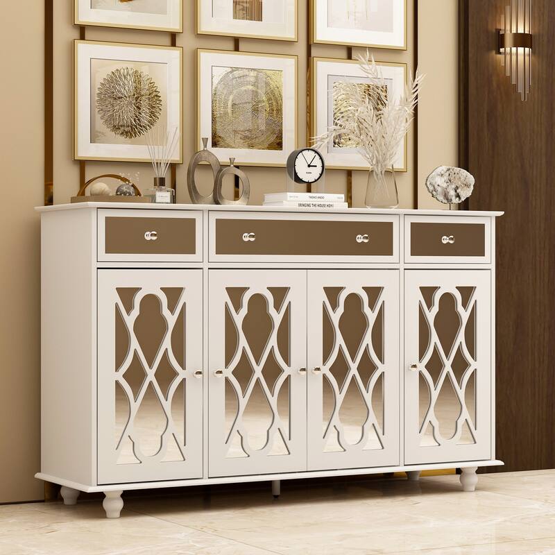 Timechee 55.1'' Accent Storage Cabinet Mirror Sideboard Buffet Cabinet - White
