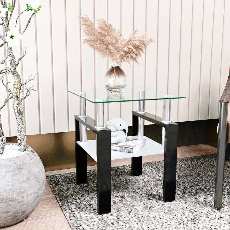 1-Piece Modern Tempered Glass Tea Table Coffee Table End Table, Square Table for Living Room