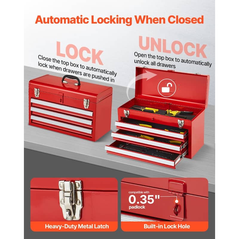 20.5 Inch Red Portable Metal Toolbox with 3 Storage Drawers and Auto Locking System - 20.5 x 8.6 x 12 in