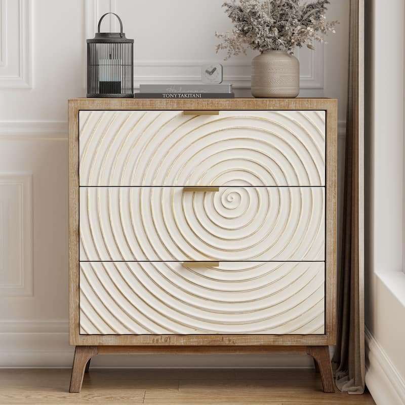 COZAYH Modern Farmhouse Nightstand, Drawer with Handcrafted Wood Ring Motif - White&Natural - 3-drawer