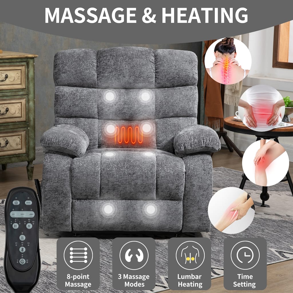 Power Lift Recliner Chair with Heat & Massage, Dual Motor Infinite Position Recliner Chair, Oversized Chenille Electric Recliner