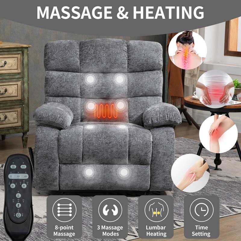 Power Lift Recliner Chair with Heat & Massage, Dual Motor Infinite Position Recliner Chair, Oversized Chenille Electric Recliner - Grey