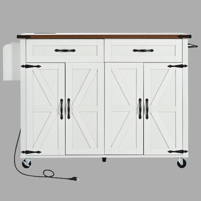 53.5" Rolling Farmhouse Kitchen Island Cart with Drop Leaf, Charging Station, Storage Cabinet, Spice Rack, and Drawer - White