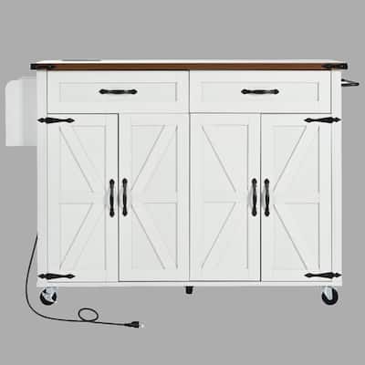 53.5" Rolling Farmhouse Kitchen Island Cart with Drop Leaf, Charging Station, Storage Cabinet, Spice Rack, and Drawer