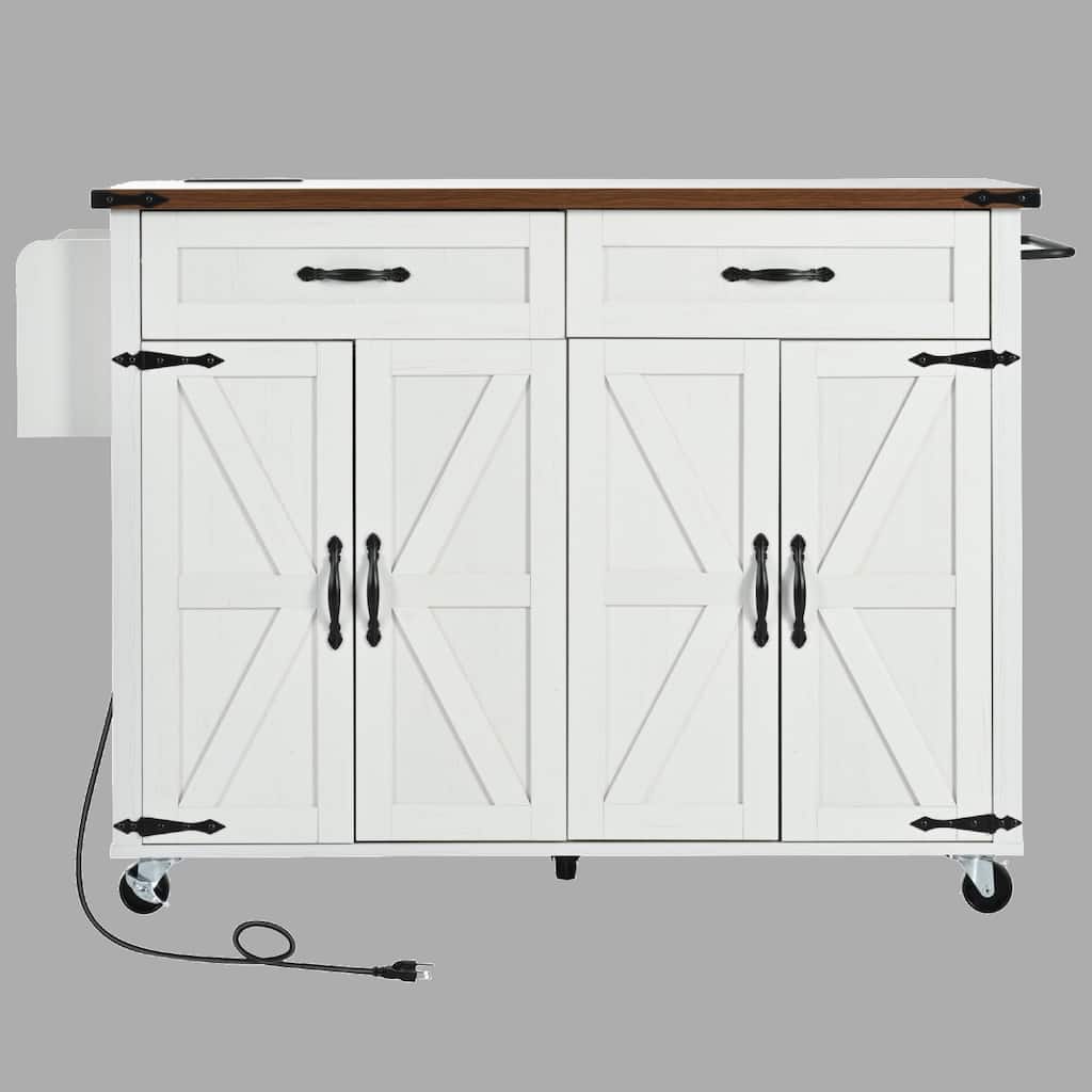53.5" Rolling Farmhouse Kitchen Island Cart with Drop Leaf, Charging Station, Storage Cabinet, Spice Rack, and Drawer