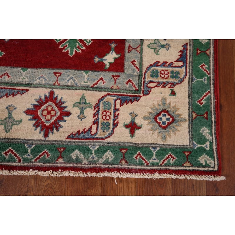Geometric Red Kazak Area Rug Hand-Knotted Oriental Wool Carpet - 5'0" x 6'3"