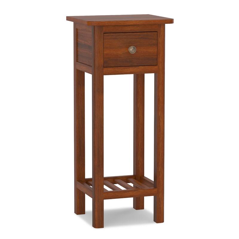 2 Tier Narrow Side Table Wood Slim End Table Nightstand with Drawer - Natural