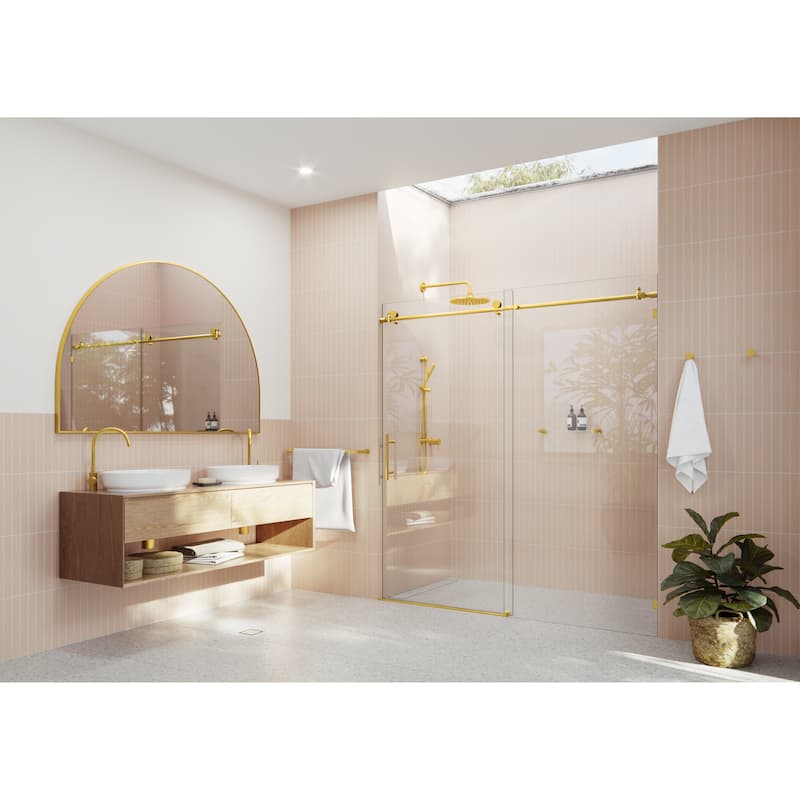 Glass Warehouse 68 in. - 72 in. x 78 in. Frameless Sliding Shower Door - Satin Brass