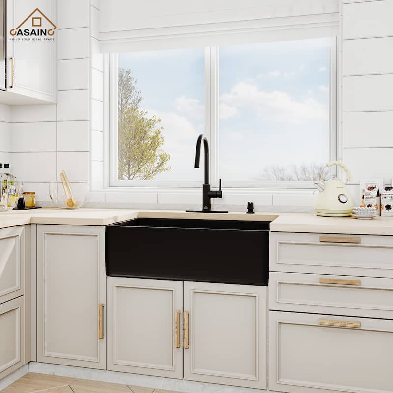 All-in-One Kit Farmhouse/Apron-Front Single Bowl Fireclay Kitchen Sink with Pull Down Sprayer Kitchen Faucet and Accessories