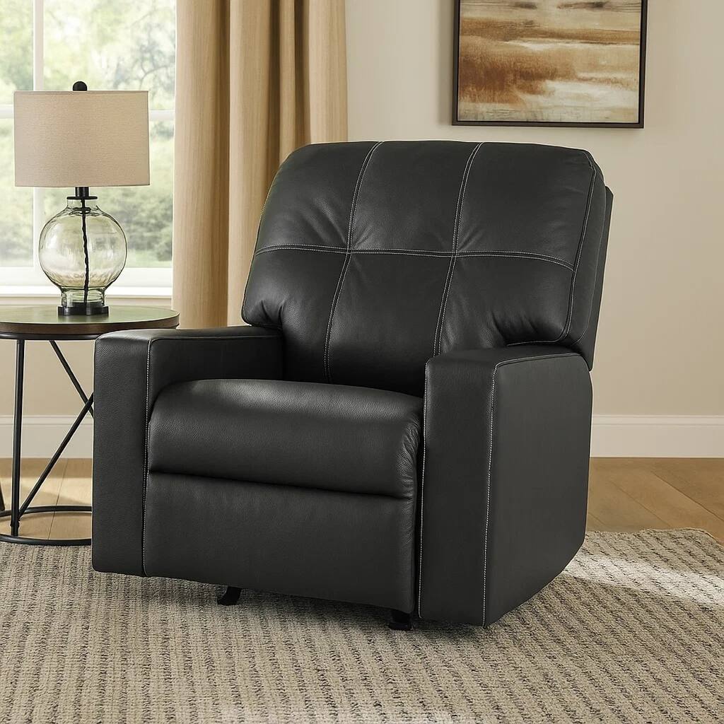 Barl Manual Recliner Chair, 35 Inch Tufted Rich Black Faux Leather
