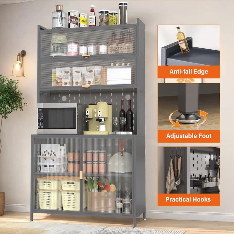 Rossetta 6-Tier Anti-Tip Design Flip Door Kitchen Pantry Cabinet with Pegboard Metal, Adjustable Shelves