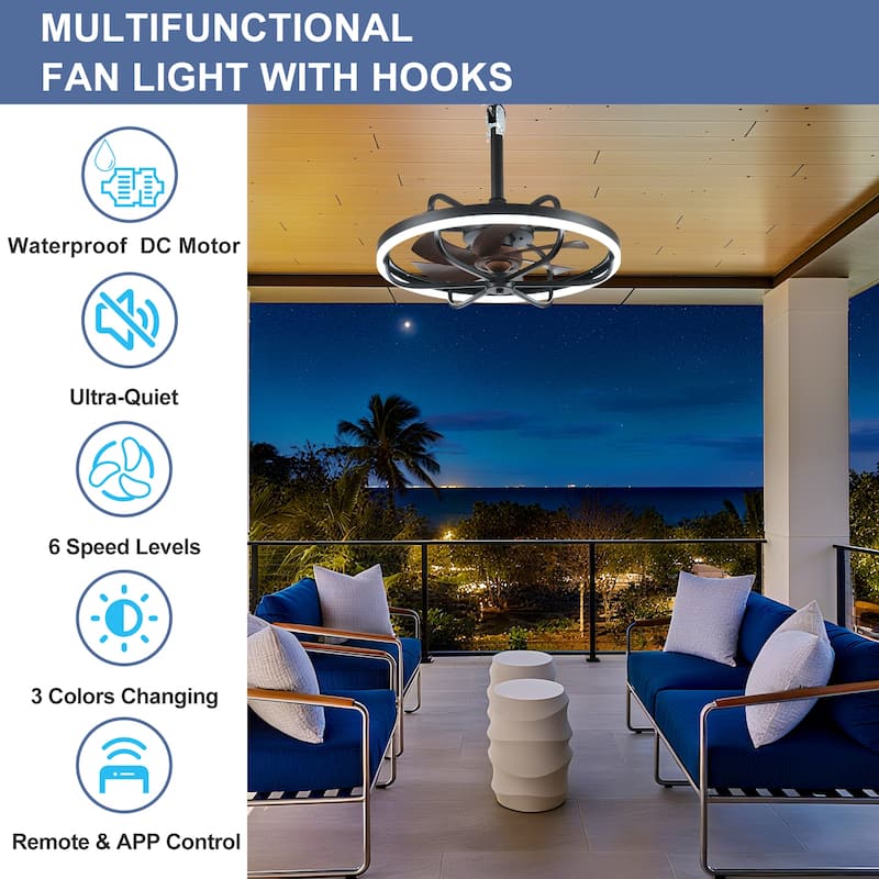 Waterproof Outdoor Ceiling Fan with Light - 20-Inch IP65 Plug-in, Remote App Control, 6-Speed Gazebo/Patio