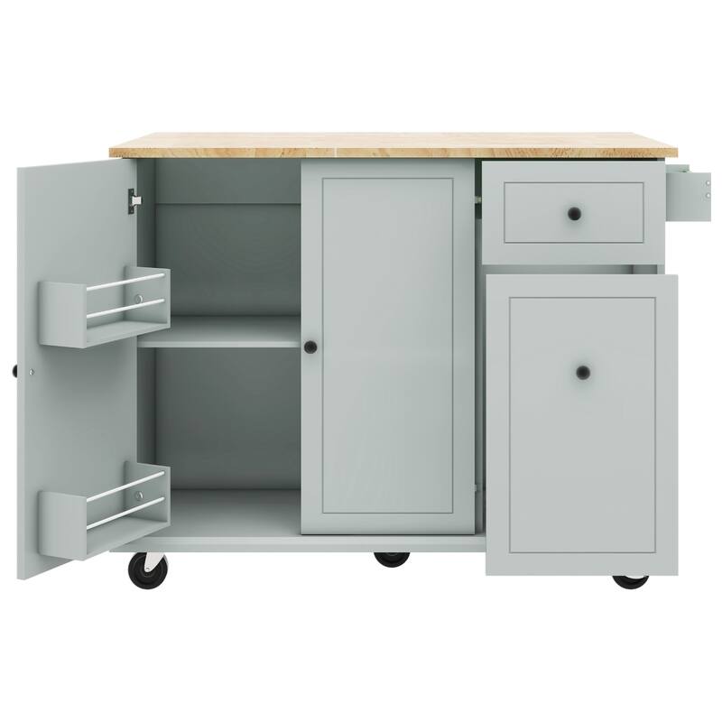 Rolling Kitchen Island with Drop Leaf, Wood Spice Storage Cabinet with Internal Storage Rack and 3 Tier Pull Out Cabinet