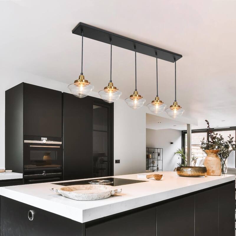 Modern 5-Light Black Gold Linear Chandeliers Kitchen Island Lights for Dining Room with Seeded Glass - 44'' L x 6.5'' W x 8'' H