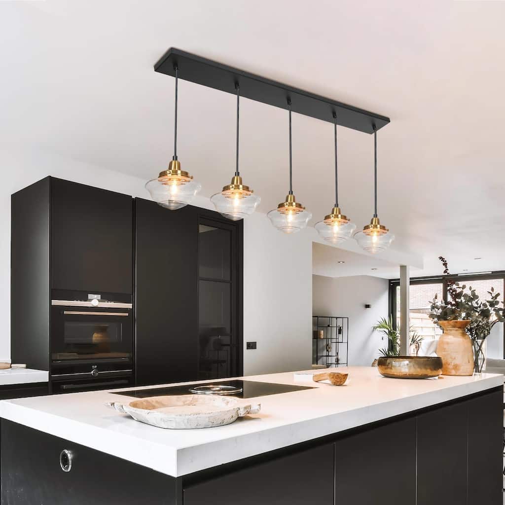 Modern 5-Light Black Gold Linear Chandeliers Kitchen Island Lights for Dining Room with Seeded Glass - 44'' L x 6.5'' W x 8'' H