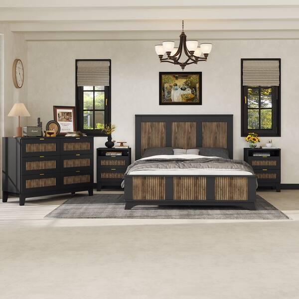 Roomfitters 4-Piece Bedroom Set Full/Queen Farmhouse Platform Bed with Wooden Strip Design, Nightstand, and Storage Dresser