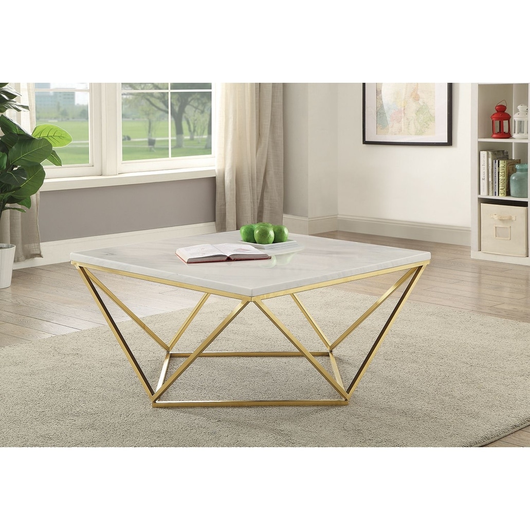Modern Geometric Design Coffee Table Gold with White Carrera Marble-like  Top - Overstock - 23107796
