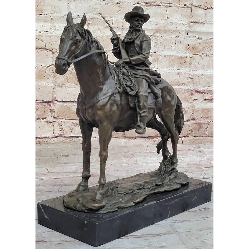 Bronze Remington Tribute Cowboy W/ Rifle Riding Horse Sculpture Statue Marble 12 Inches X 12 Inches