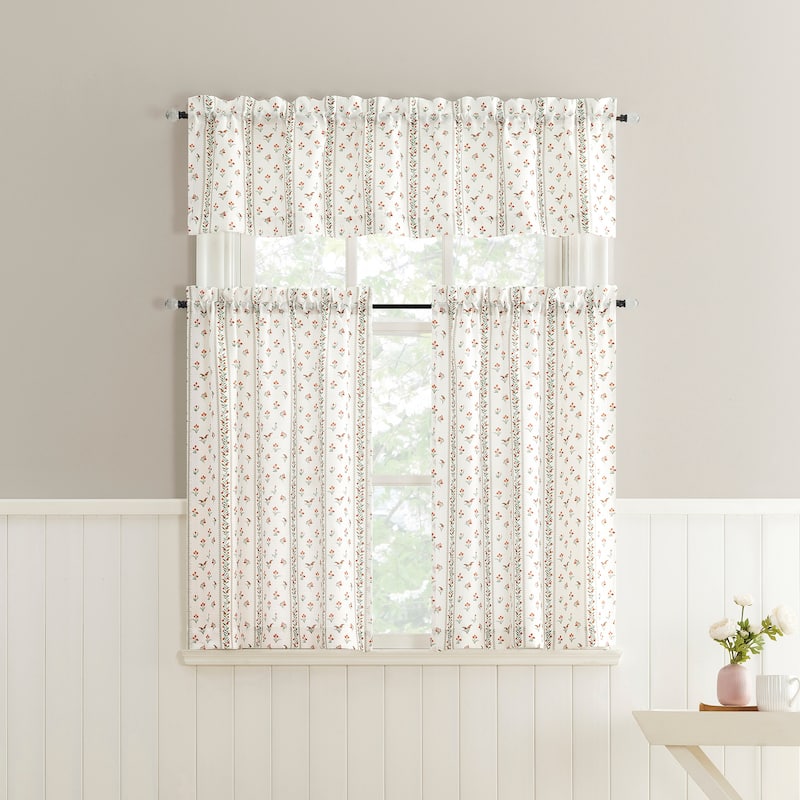 No. 918 Riverwood 2-piece Floral Stripe Semi-Sheer Rod Pocket Kitchen Curtain Tier Pair
