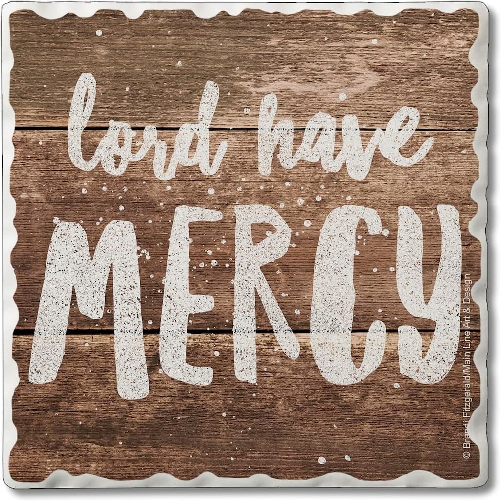 Have Mercy 4 Pack Single Absorbent Stone Coaster with Protective Cork Backing Made in The USA 4" Square, Easily Wipes Clean