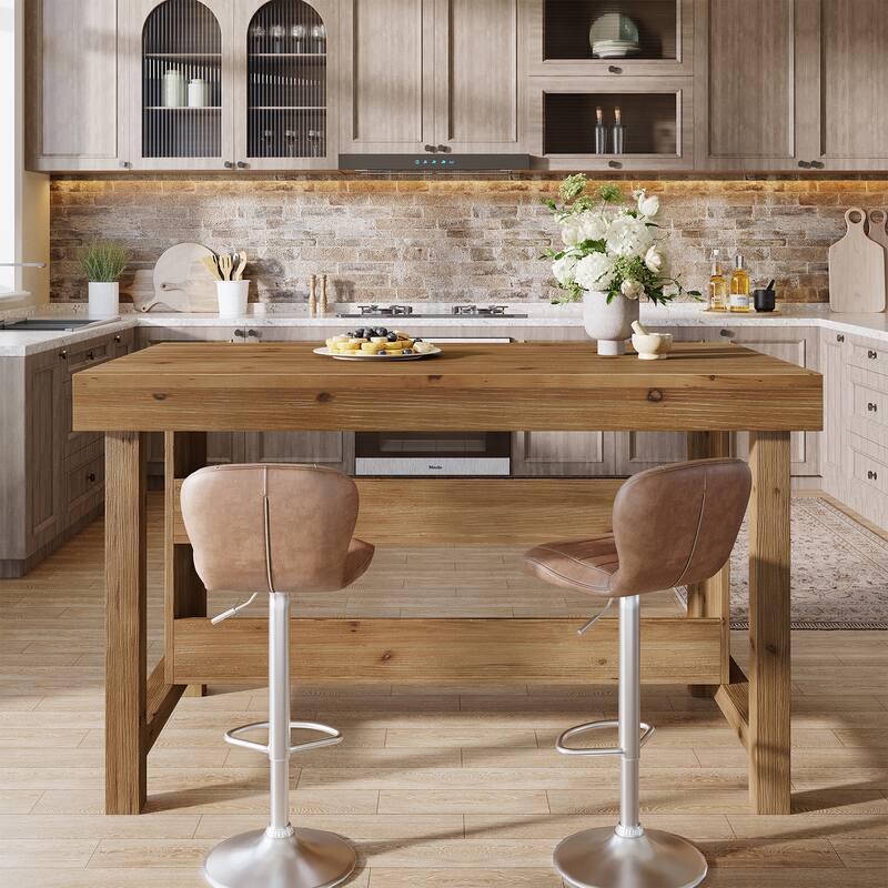 Solid Wood Bar Table, Open Storage Counter Height Pub Dining Table, Kitchen Dining/Living Room Basement Accent Bar Unit