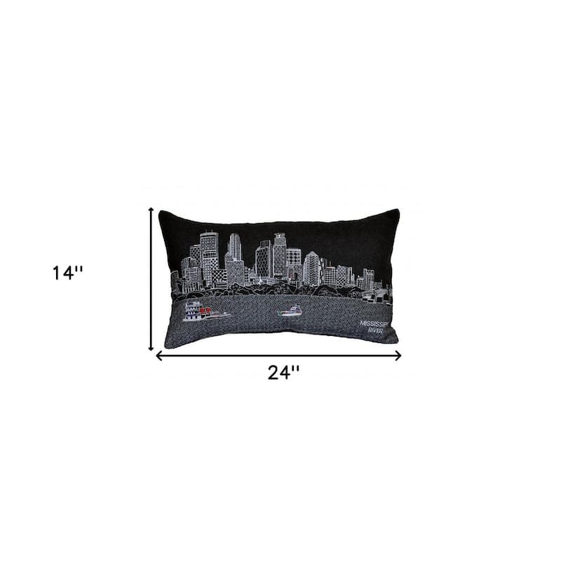 HomeRoots 25" Black Minneapolis Nighttime Skyline Lumbar Decorative Pillow