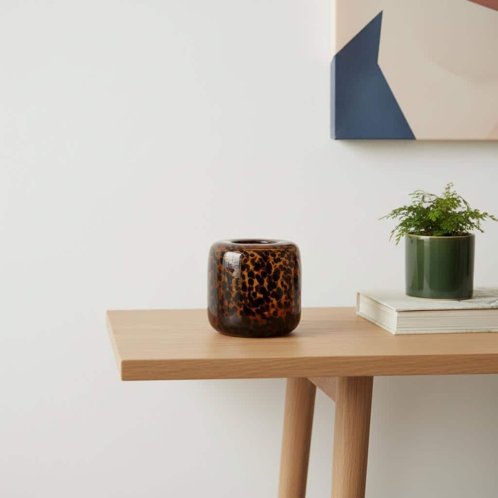 8" Amber And Black Animal Print Glass Round Table Vase - 7.90