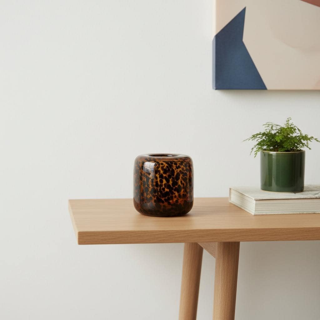 8" Amber And Black Animal Print Glass Round Table Vase - 7.90