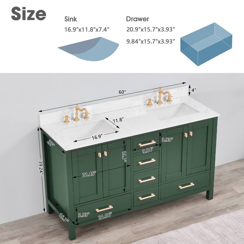 OpalithD 60 in. Bathroom Vanity with Double Sinks, Wood Bath Cabinet with Top