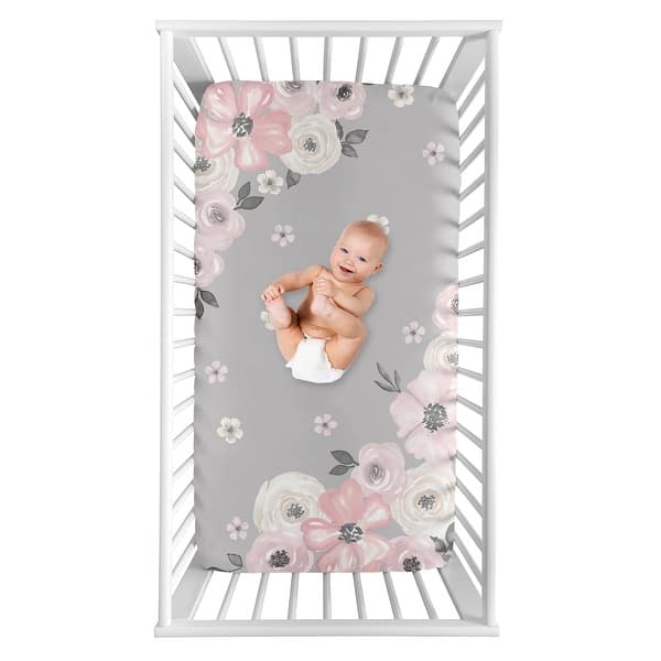 slide 2 of 2, Grey Watercolor Floral Collection Girl Photo Op Fitted Crib Sheet - Blush Pink Gray and White Shabby Chic Rose Flower Farmhouse