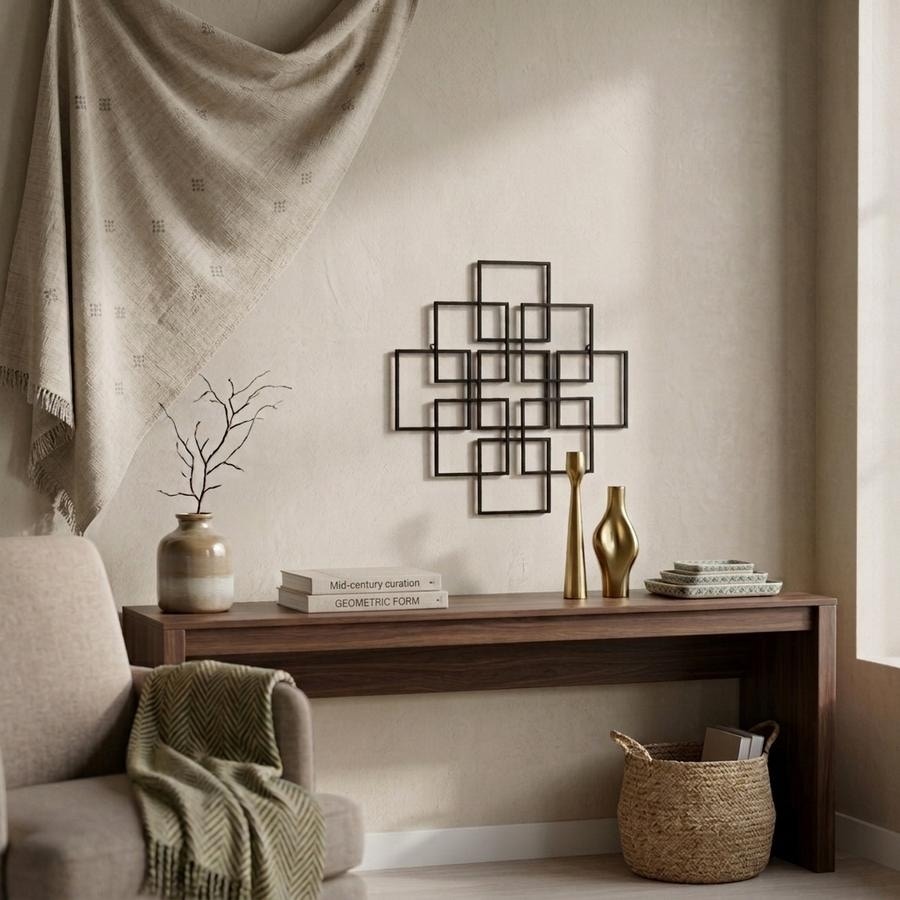 Geometric Metal Wall Art, 9 Overlapping Squares, 24 Inch Modern Abstract Wall Decor for Living Room Entryway