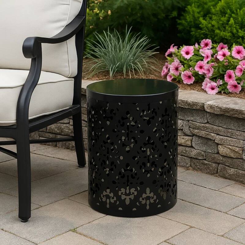 Kemo Outdoor End Table, Round 14 Inch, Cutout Design, Black Iron Frame